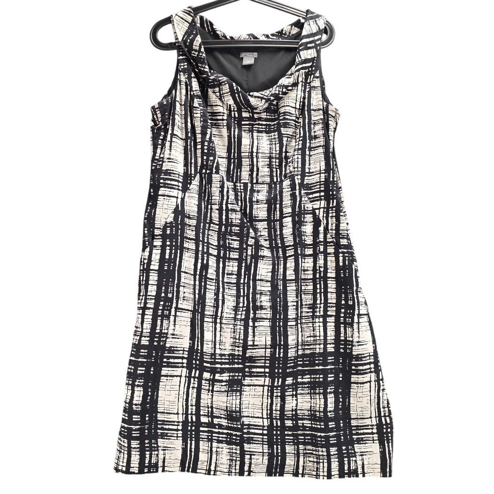Ann Taylor Black Beige Abstract Grid Cowl Neck Shift Dress with Pockets Size 14